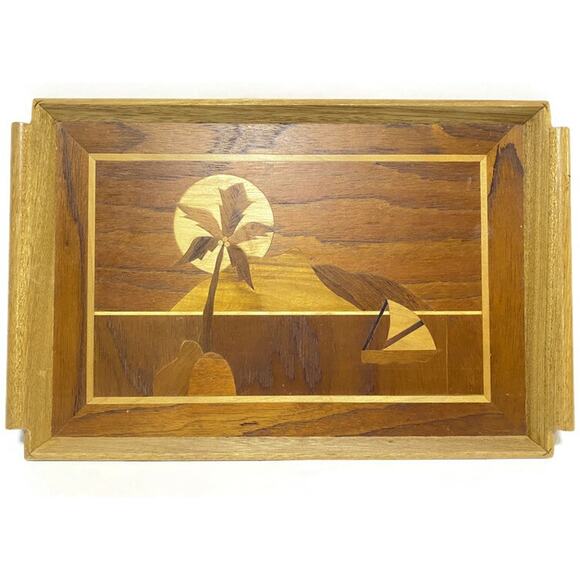 Inlaid Wood Tray Mosaic Palm Tree Mountain and Boat 19.5 x 12.5 Vintage 1980 - Picture 1 of 9